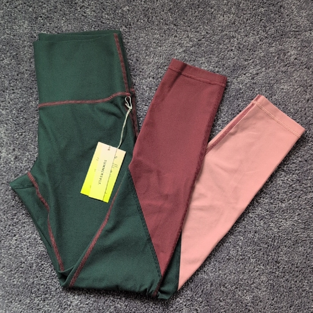 Colorblock Leggings in Green, Burgundy, and Pink